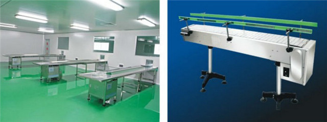 Conveyor belt for delivery the bottles or bags after powder filling